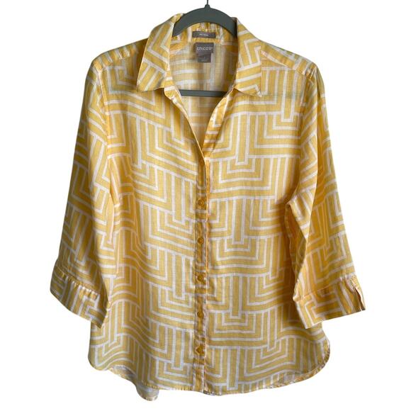 Chico's Tops - Chico’s 100% Linen No Iron Top Sz L 12/14 Yellow White Geometric Preppy